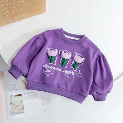 Kolmemõõtmeline väikese lillega ümarkaelusega T-särk 2023. aasta sügise uus Korea armas multikas lilletüdruku pikkade varrukatega T-särk