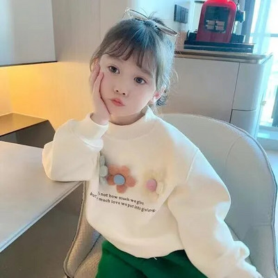 Kolmemõõtmeline väikese lillega ümarkaelusega T-särk 2023. aasta sügise uus Korea armas multikas lilletüdruku pikkade varrukatega T-särk