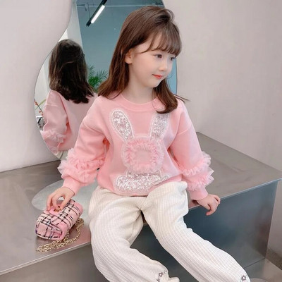 Kolmemõõtmeline väikese lillega ümarkaelusega T-särk 2023. aasta sügise uus Korea armas multikas lilletüdruku pikkade varrukatega T-särk