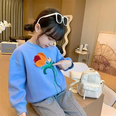 Kolmemõõtmeline väikese lillega ümarkaelusega T-särk 2023. aasta sügise uus Korea armas multikas lilletüdruku pikkade varrukatega T-särk