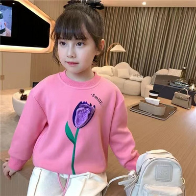 Kolmemõõtmeline väikese lillega ümarkaelusega T-särk 2023. aasta sügise uus Korea armas multikas lilletüdruku pikkade varrukatega T-särk