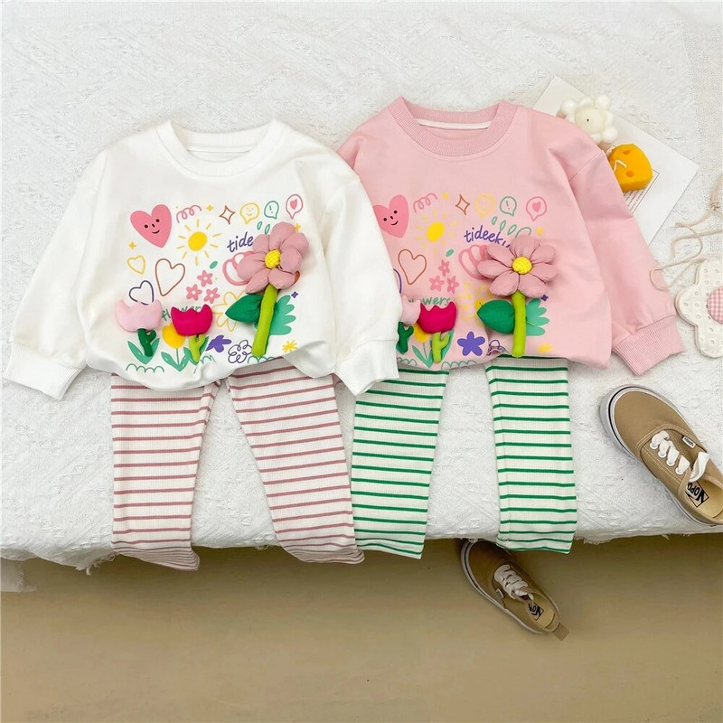 Kolmemõõtmeline väikese lillega ümarkaelusega T-särk 2023. aasta sügise uus Korea armas multikas lilletüdruku pikkade varrukatega T-särk