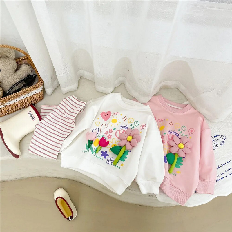 Kolmemõõtmeline väikese lillega ümarkaelusega T-särk 2023. aasta sügise uus Korea armas multikas lilletüdruku pikkade varrukatega T-särk