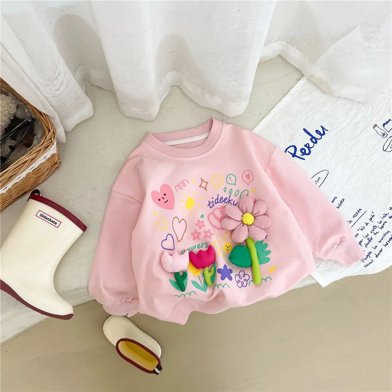 Kolmemõõtmeline väikese lillega ümarkaelusega T-särk 2023. aasta sügise uus Korea armas multikas lilletüdruku pikkade varrukatega T-särk