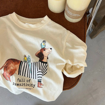 Детска тениска с дълъг ръкав Сладък анимационен животински принт Бебешки ежедневен пуловер Момчета с дълъг ръкав Мек памучен суичър за момичета