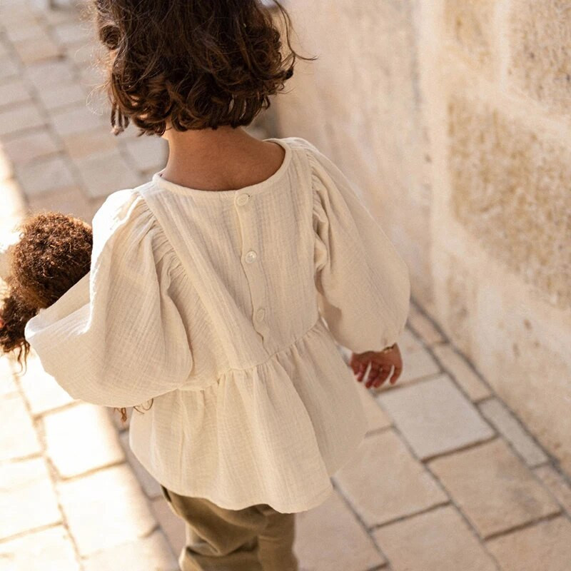 Jesenska nova ležerna velika bluza za djevojčice s 3/4 rukavima, 100% organski pamuk, dvostruka gaza, dječje jednobojne široke majice s volanima TZ187