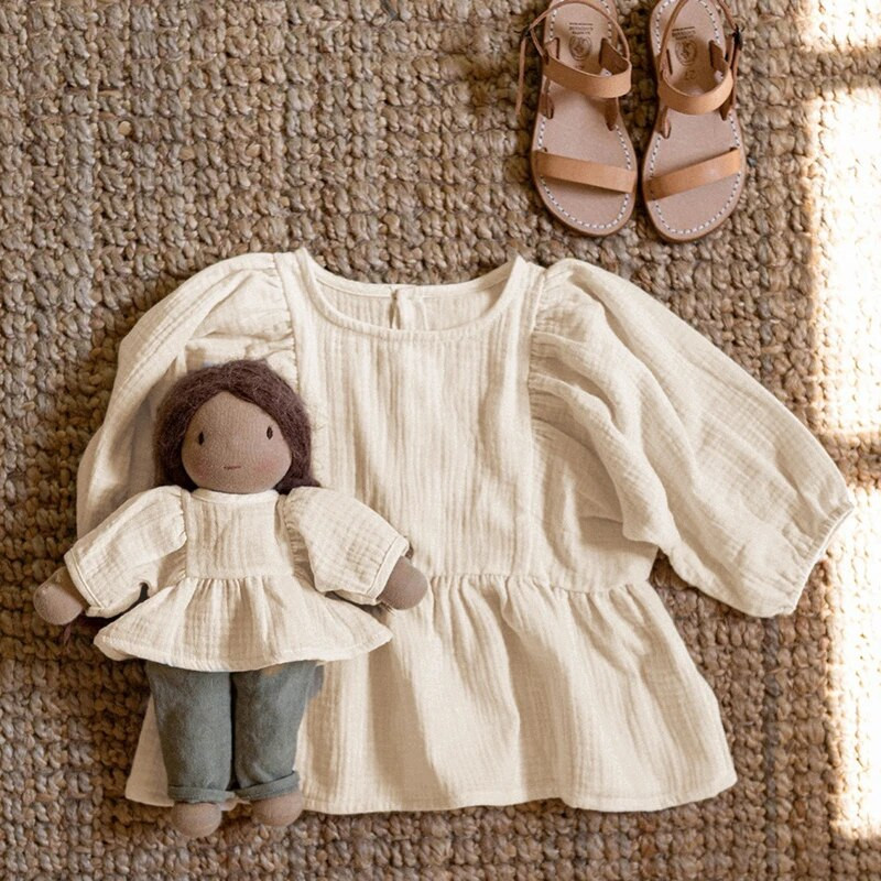 Jesenska nova ležerna velika bluza za djevojčice s 3/4 rukavima, 100% organski pamuk, dvostruka gaza, dječje jednobojne široke majice s volanima TZ187