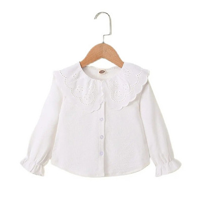 Bērnu meitene 1-6 G ar pogu T krekls doba mežģīņu apkakle, balta ar garām piedurknēm, jauka korejiešu versija, rudens tops mazuļu apģērbs