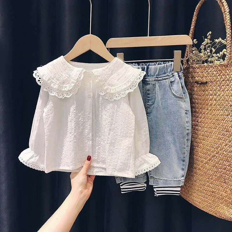 2023. gada pavasara rudens, bērnu meiteņu blūzes, kokvilnas Pētera Pena apkakle ar garām piedurknēm, mazuļu meiteņu topi, daudzpusīgi bērnu meiteņu krekli