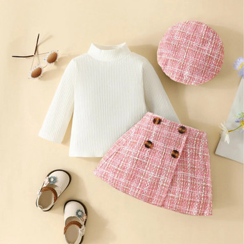 Βρεφικό φθινοπωρινό μακρυμάνικο μπλουζάκι και σετ φορέματος 6-18 μηνών κοριτσάκι μονόχρωμο Houndstooth μπερέ με μισή φούστα