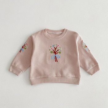 Άνοιξη 2024 Νέο σε παιδικά κοριτσάκια Κέντημα με λουλούδια βάφλα μπλούζα + παντελόνι Βρεφικό νήπιο χαριτωμένο σετ ρούχων 2τμχ Παιδικά ρούχα