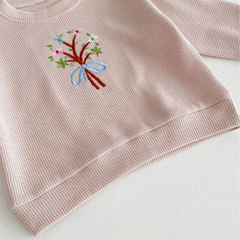 Άνοιξη 2024 Νέο σε παιδικά κοριτσάκια Κέντημα με λουλούδια βάφλα μπλούζα + παντελόνι Βρεφικό νήπιο χαριτωμένο σετ ρούχων 2τμχ Παιδικά ρούχα