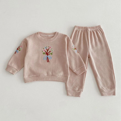 Novo proljeće 2024. Dječja majica s vezom od vafla s cvijećem za djevojčice + hlačice Slatki set odjeće za malu djecu, 2 komada dječje odjeće