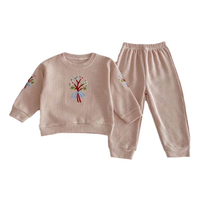 Novo proljeće 2024. Dječja majica s vezom od vafla s cvijećem za djevojčice + hlačice Slatki set odjeće za malu djecu, 2 komada dječje odjeće