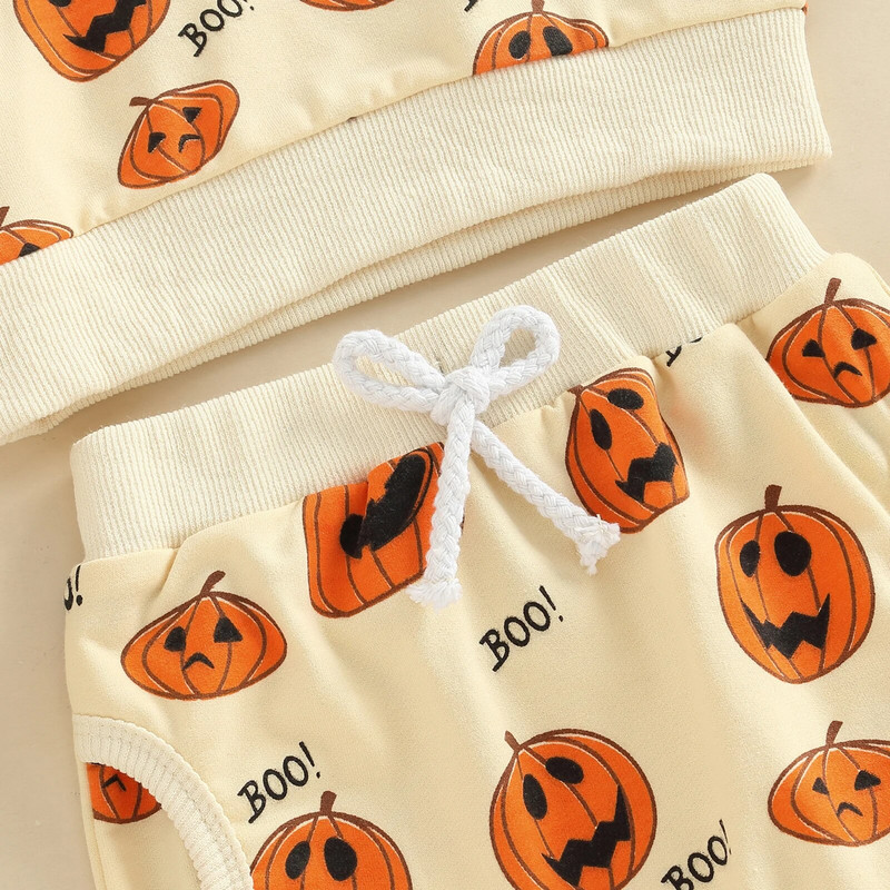 Halloweeni väikelapsed, poisid, tüdrukud, sügise ja kevade kaunid pikkade varrukatega kõrvitsaprinteriga topid Hallid püksid, kaheosalised tänavarõivad