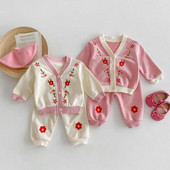 Proljeće 2024, novi komplet odjeće dugih rukava za djevojčice, kardigan s cvjetnim vezom za malu djecu + odijelo od 2 komada, ležerna odjeća za dojenčad