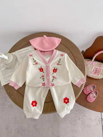 2024 Пролетно ново бебе момиче с дълъг ръкав Комплект дрехи за малко дете Жилетка с бродерия на цветя + панталон 2 бр. Костюм Ежедневни облекла за бебета