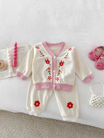 2024 Пролетно ново бебе момиче с дълъг ръкав Комплект дрехи за малко дете Жилетка с бродерия на цветя + панталон 2 бр. Костюм Ежедневни облекла за бебета