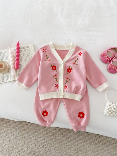 Proljeće 2024, novi komplet odjeće dugih rukava za djevojčice, kardigan s cvjetnim vezom za malu djecu + odijelo od 2 komada, ležerna odjeća za dojenčad