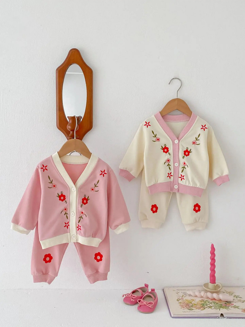 Proljeće 2024, novi komplet odjeće dugih rukava za djevojčice, kardigan s cvjetnim vezom za malu djecu + odijelo od 2 komada, ležerna odjeća za dojenčad