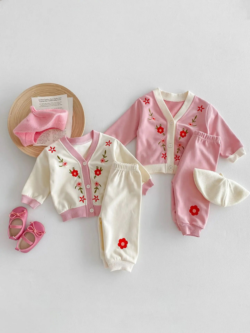 Proljeće 2024, novi komplet odjeće dugih rukava za djevojčice, kardigan s cvjetnim vezom za malu djecu + odijelo od 2 komada, ležerna odjeća za dojenčad