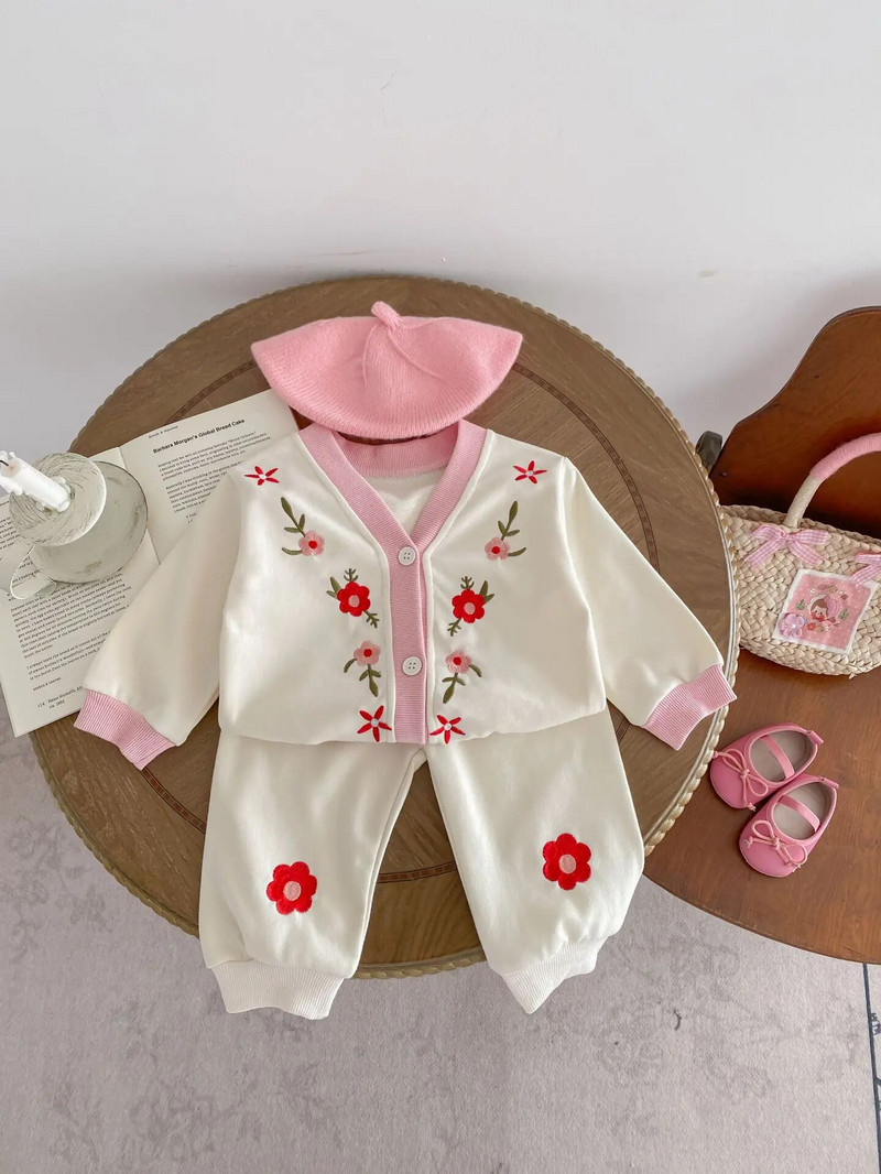 Proljeće 2024, novi komplet odjeće dugih rukava za djevojčice, kardigan s cvjetnim vezom za malu djecu + odijelo od 2 komada, ležerna odjeća za dojenčad