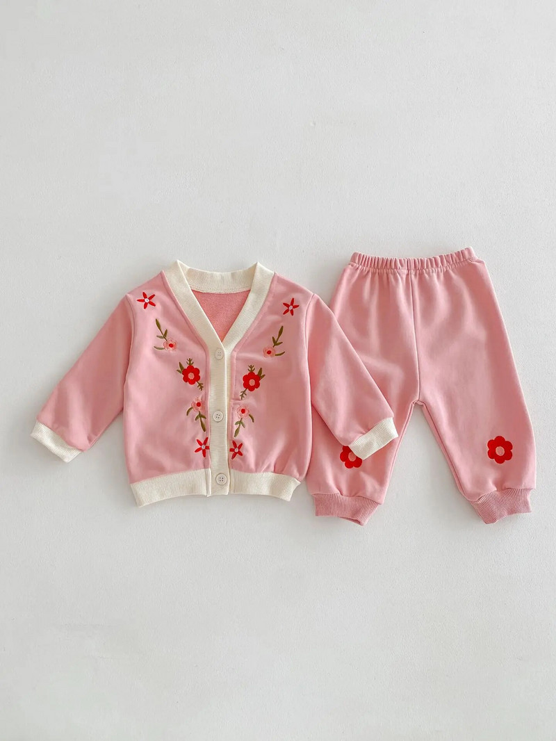 Proljeće 2024, novi komplet odjeće dugih rukava za djevojčice, kardigan s cvjetnim vezom za malu djecu + odijelo od 2 komada, ležerna odjeća za dojenčad