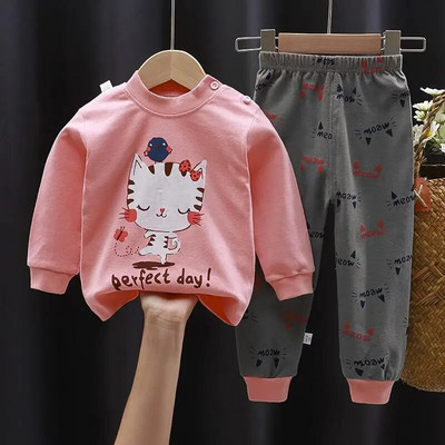 Toamnă Iarnă Set de lenjerie de corp pentru bebeluși din bumbac pur, cu desene animate imprimate pentru copii, set 2 piese, haine de toamnă, costum pentru copii, cu mânecă lungă
