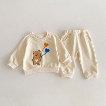 Άνοιξη 2024 Νέο σε Παιδικά Βρεφικά Αγόρια Κοριτσίστικα Ρούχα Βρεφικά Flocking Bear Top Φούτερ+παντελόνι χαρέμι Παιδικό Σετ 2τμχ 3M-4Y