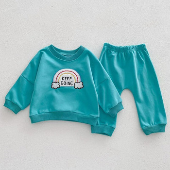 Корейски комплект дрехи за бебе, момче, момиче, памучни тоалети за новородени бебета, детски суичър с принт на дъгата и панталони с дълъг ръкав