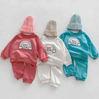 Корейски комплект дрехи за бебе, момче, момиче, памучни тоалети за новородени бебета, детски суичър с принт на дъгата и панталони с дълъг ръкав