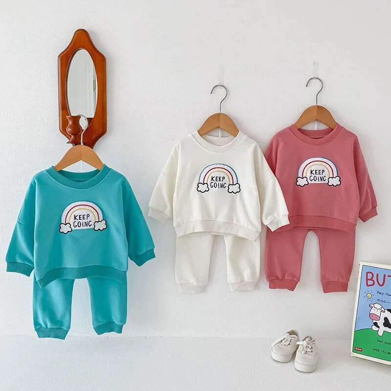 Korea beebipoiste tüdrukute rõivakomplekt, puuvillane vastsündinud imikute komplekt, pikkade varrukatega laste vikerkaaremustriga kampsun + püksid, riided