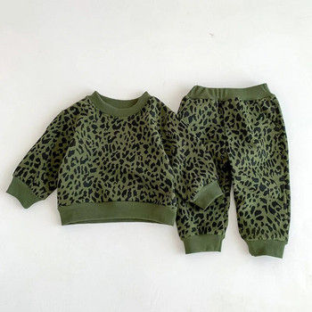Пролетен комплект дрехи за момче, момиче, памучни тоалети за новородено, детски суичър с леопардов принт и панталон с дълъг ръкав