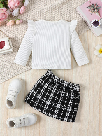 Σετ 3 τμχ Βρεφικό κοριτσίστικο βολάν μακρυμάνικο μπλουζάκι + καρό μίνι πλισέ φούστα με ζώνη Παιδικά Παιδικά ρούχα για άνοιξη και φθινόπωρο