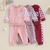 Pudcoco Baby Girls Boys Falls tērpi Šaha galdiņa apdruka Patchwork ar garām piedurknēm Apavu kakla sporta krekli Bikses 2Gb Apģērbu Komplekts 0-3T