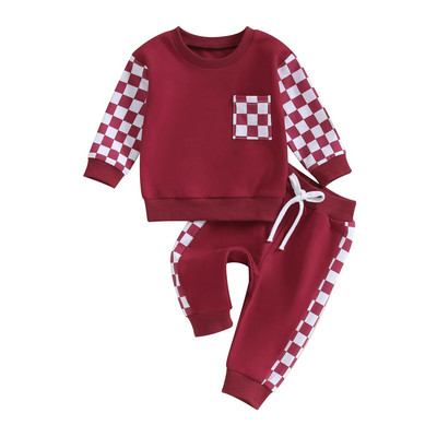 Pudcoco Baby Girls Boys Falls tērpi Šaha galdiņa apdruka Patchwork ar garām piedurknēm Apavu kakla sporta krekli Bikses 2Gb Apģērbu Komplekts 0-3T