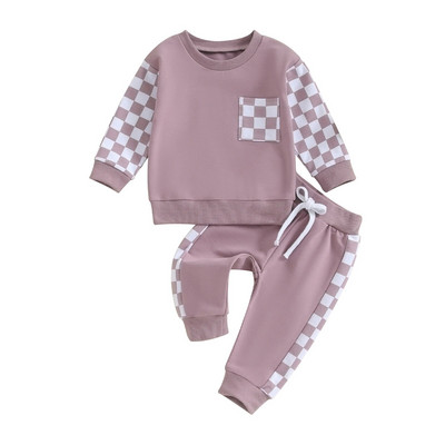 Pudcoco Baby Girls Boys Falls tērpi Šaha galdiņa apdruka Patchwork ar garām piedurknēm Apavu kakla sporta krekli Bikses 2Gb Apģērbu Komplekts 0-3T