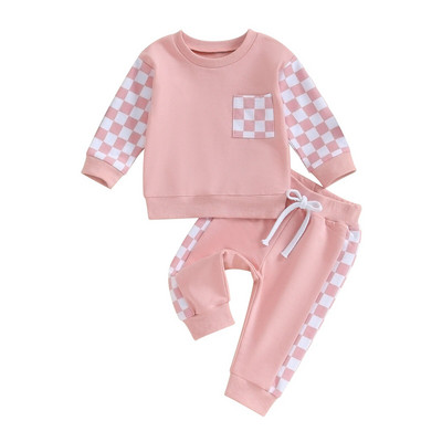 Pudcoco Baby Girls Boys Falls tērpi Šaha galdiņa apdruka Patchwork ar garām piedurknēm Apavu kakla sporta krekli Bikses 2Gb Apģērbu Komplekts 0-3T