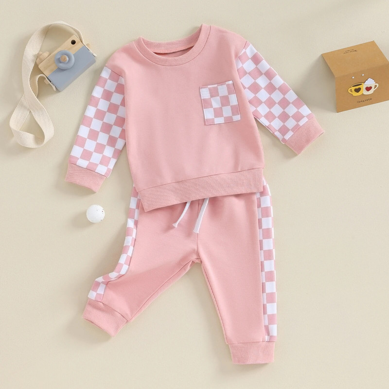 Pudcoco Baby Girls Boys Falls tērpi Šaha galdiņa apdruka Patchwork ar garām piedurknēm Apavu kakla sporta krekli Bikses 2Gb Apģērbu Komplekts 0-3T