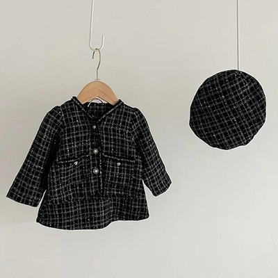 Rudens žiemos korėjietiško stiliaus mažylių mergaičių rūbai, kostiumas ilgomis rankovėmis languotas megztinis + šortai kūdikių drabužių rinkinys