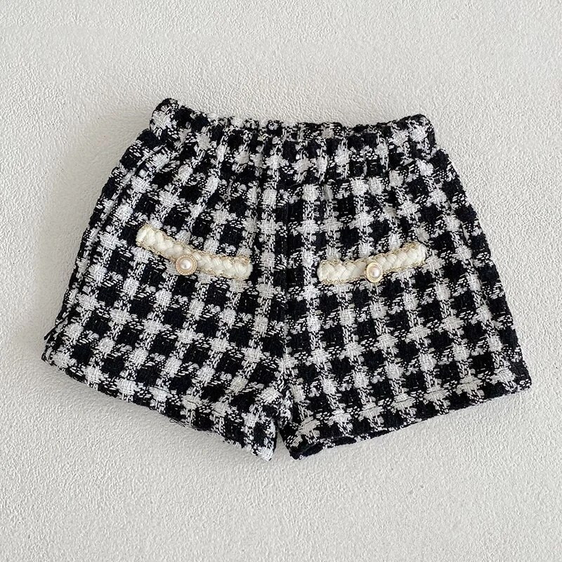 Rudens žiemos korėjietiško stiliaus mažylių mergaičių rūbai, kostiumas ilgomis rankovėmis languotas megztinis + šortai kūdikių drabužių rinkinys