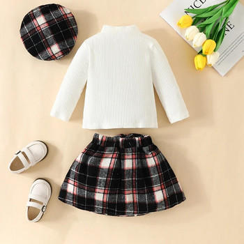Есенно-зимен комплект за момиченце, тениска с висока яка и дълги ръкави, карирана пола, барета, комплект от 3 части, от 6 месеца до 3 години, дрехи за момиченца за малко дете