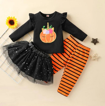 Моден комплект дрехи за деца и момичета за Хелоуин Черен пуловер с кръгла яка Тениска Клинове Пола от прежда Бебешки комплекти Костюм за Хелоуин