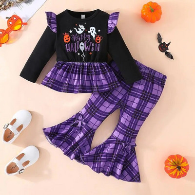 Modni dječji set odjeće za djevojčice i djevojke, crni pulover s okruglim ovratnikom, majica, tajice, suknja od pređe, dječji kompleti, kostim za noć vještica