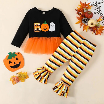 Modni dječji set odjeće za djevojčice i djevojke, crni pulover s okruglim ovratnikom, majica, tajice, suknja od pređe, dječji kompleti, kostim za noć vještica