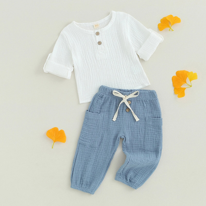 EWODOS Toddler Baby Kids Boys 2Vnt Aprangos kelnių rinkinys Vienspalvis marškinėliai ilgomis rankovėmis su kaklu su ilgomis kelnėmis rudens rudens apranga