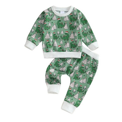 2023-09-05 Lioraitiin 0-3Y Toddler Baby Girls Ziemassvētku drēbju komplekts Karikatūra Dinozaurs ar garām piedurknēm sporta krekls Topi Bikses Apģērbi