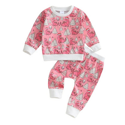 2023-09-05 Lioraitiin 0-3Y Toddler Baby Girls Ziemassvētku drēbju komplekts Karikatūra Dinozaurs ar garām piedurknēm sporta krekls Topi Bikses Apģērbi