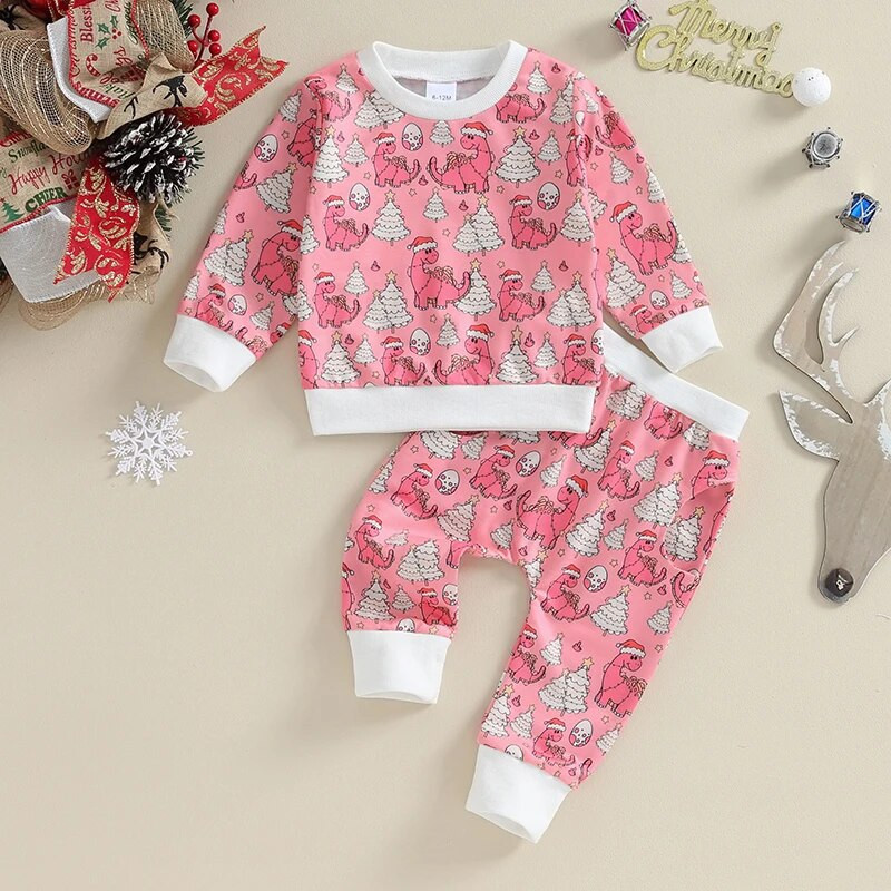 2023-09-05 Lioraitiin 0-3Y Toddler Baby Girls Ziemassvētku drēbju komplekts Karikatūra Dinozaurs ar garām piedurknēm sporta krekls Topi Bikses Apģērbi