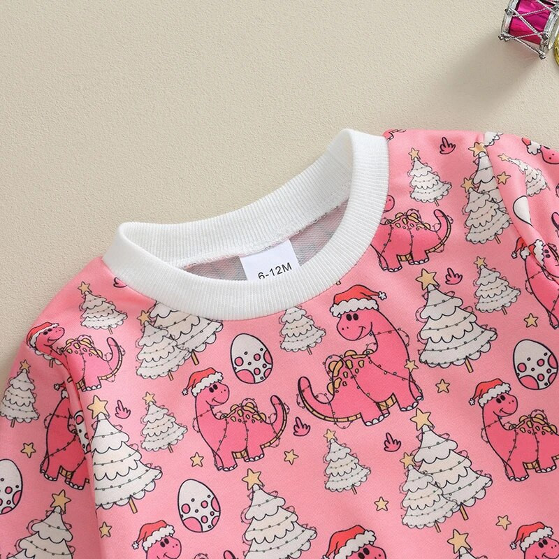 2023-09-05 Lioraitiin 0-3Y Toddler Baby Girls Ziemassvētku drēbju komplekts Karikatūra Dinozaurs ar garām piedurknēm sporta krekls Topi Bikses Apģērbi